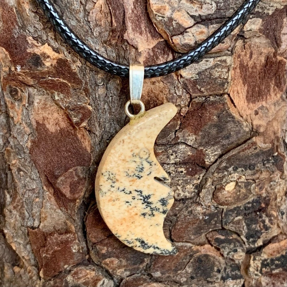 Picture Jasper Crescent MOON Face Pendant Necklace Double Sided Moon in the Moon